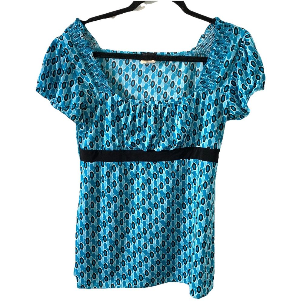 Vtg Maurices Womens Medium Shirt Babydoll Coquette Rouched Chest Geometric Teal